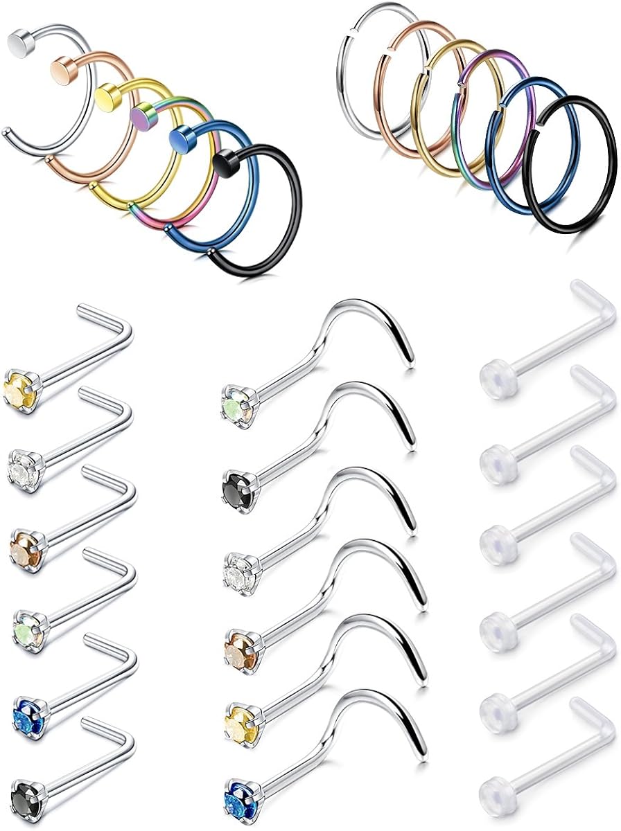 FIBO STEEL 24 Pcs 20G Stainless Steel Hoop Nose Rings Screw Stud Rings Piercing Jewelry Colored CZ Inlaid