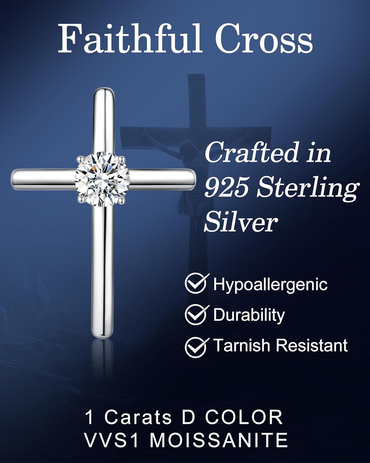 Cross Necklace for Women, 1 Carat Moissanite Cross Pendant, 925 Sterling Silver Plated Cross Faith Pendant Necklaces Religious Anniversary Birthday Christmas Jewelry Gifts for Women Her Wife - Image 3