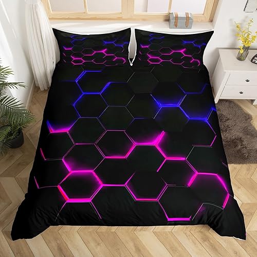 Miniatura 5 de Juego de funda de edredón 3D de panal de abejas tamaño Queen, tema hexagonal geométrico con funda de edredón de luces de neón rosa y azul, funda de