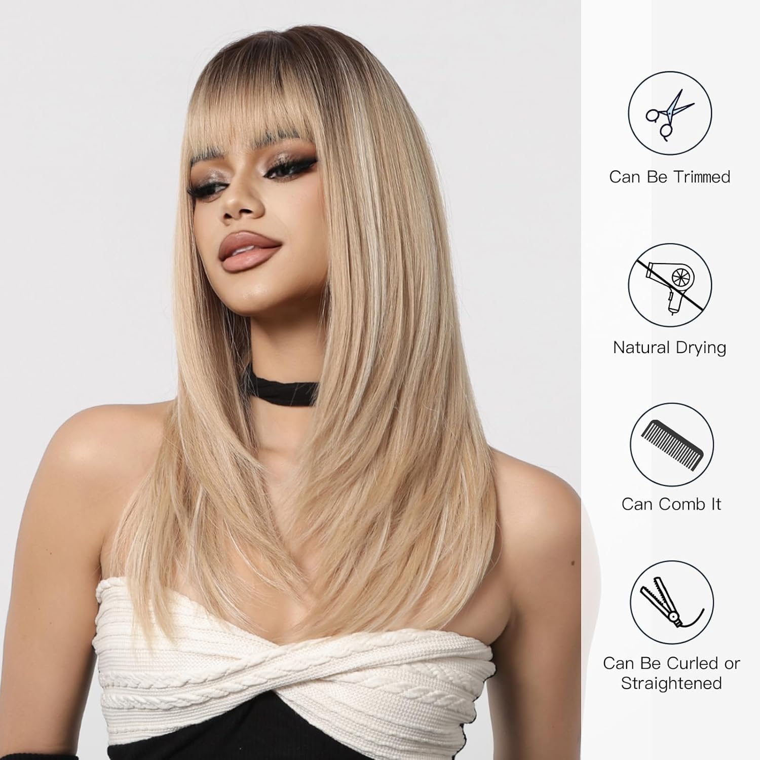 Allbell Ombre Blonde Wig for Women,Long Straight Synthetic Hair Wig with Bangs for White Women 20 Inches - Image 3