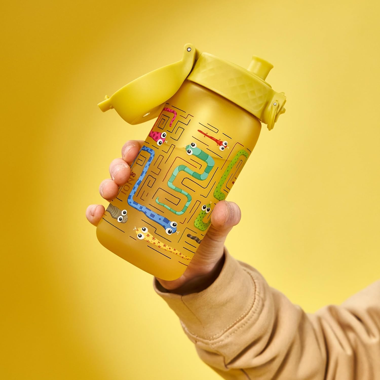 ION8 Small Water Bottle, 350 ml/12 oz, Leak Proof, Easy to Open, Secure Lock, Dishwasher Safe, BPA Free, Carry Handle, Hygienic Flip Cover, Easy Clean, Odor Free, Carbon Neutral, Yellow, Snakes Design - Image 3