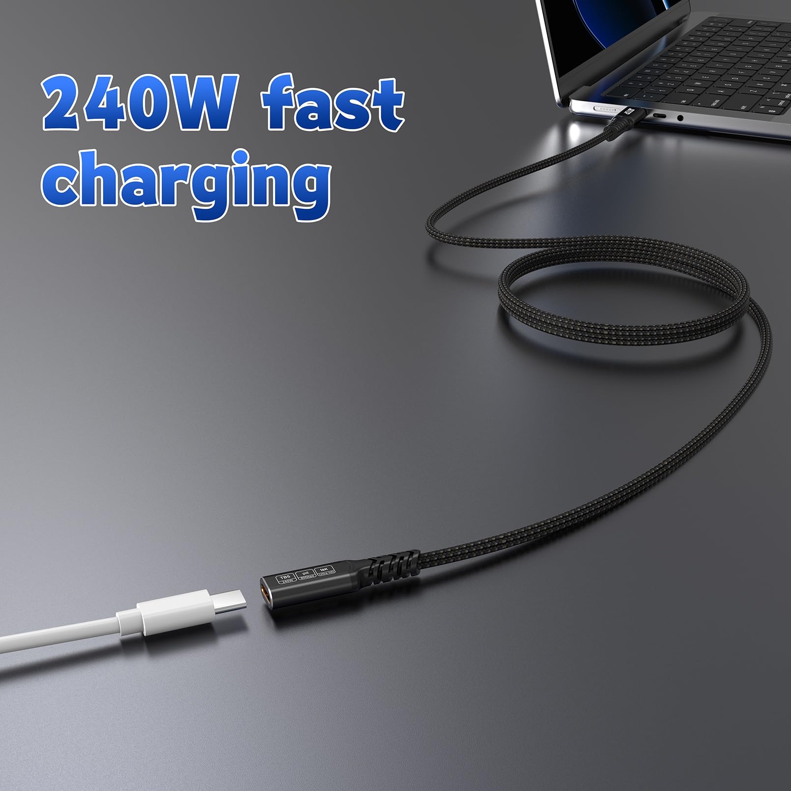 Kabel przedłużający USB C 80 Gb/s, 1 m, ładowanie 240 W/80 Gb/s/video 16K USB 4.0 typu C, męski na żeński do laptopa, tabletu, telefonu komórkowego i innych