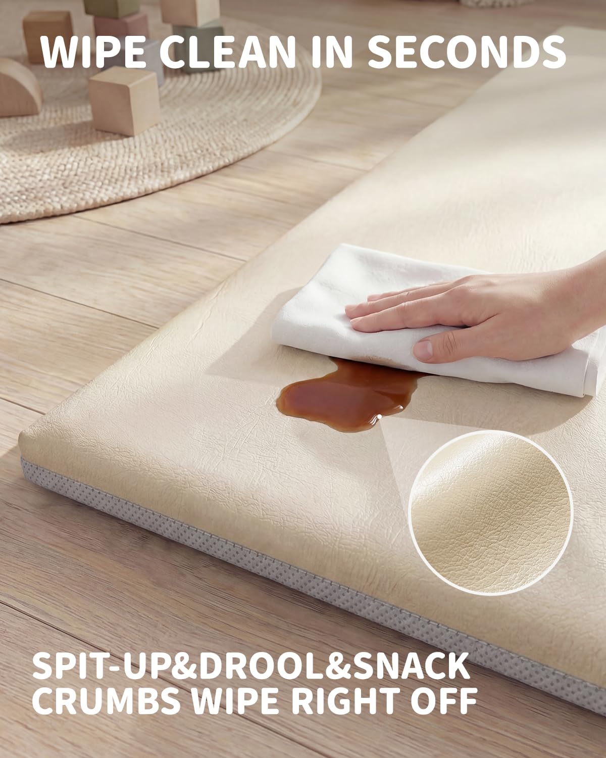 Baby Play Mat for Floor 47x47, 1.5” Thick Vegan Leather Crawling Mat with Removable Cover, Waterproof Playpen Mat for Infants and Toddlers, Wipe-Clean Kids Playmat, Cream