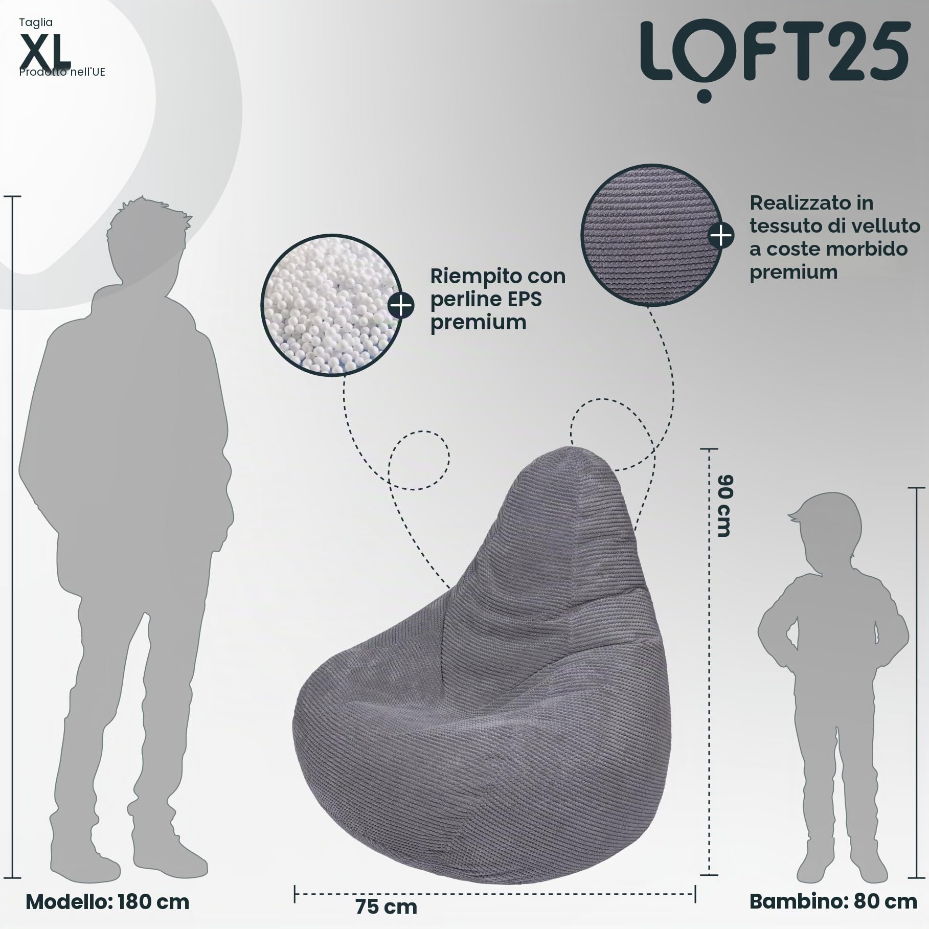 Loft 25 Poltrona a sacco per adulti, con schienale alto, in tessuto di velluto a coste, per interni, soggiorno, gioco, fodera interna, design ergonomico per il supporto del corpo (pouf, carbone)