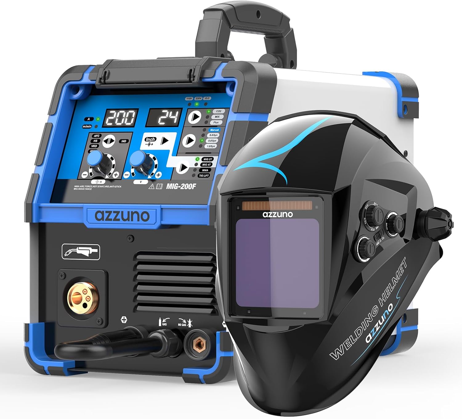 AZZUNO 200A 110V/220V MIG Welder & Welding Helmet Auto Darkening with True Color Large Viewing 3.94"×3.82", 4 in 1 Gasless MIG/Gas MIG/Lift TIG/Stick Welding Machine