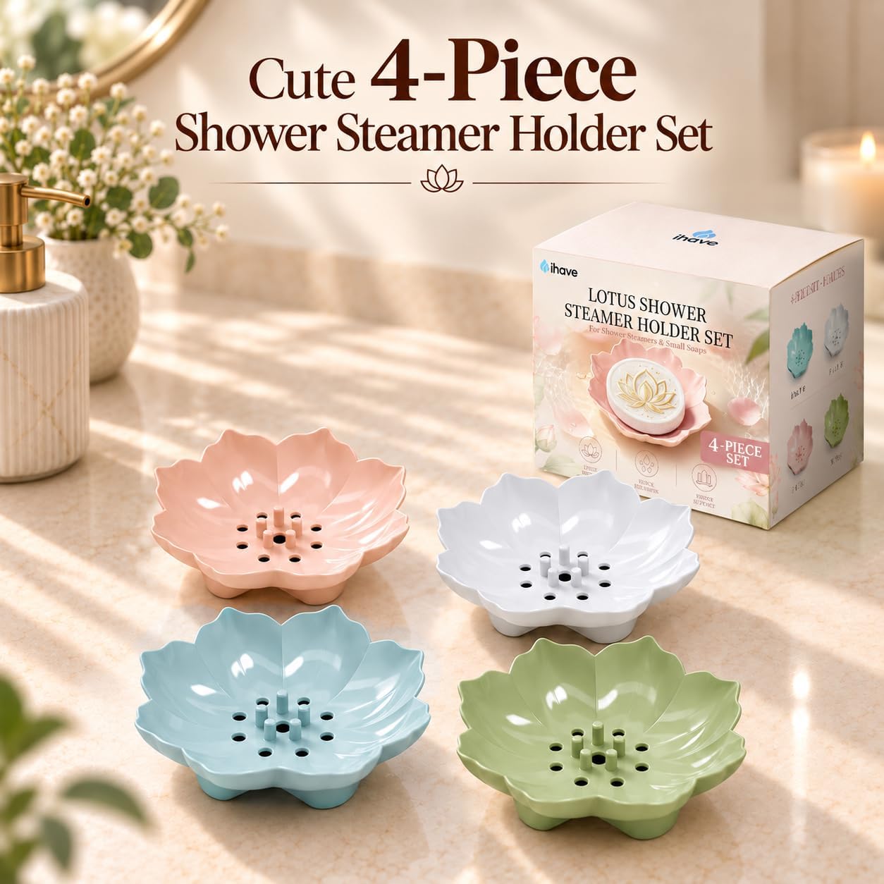 Shower Steamer Holder, 4 Pack Lotus Draining Soap Dish for Sink & Vanity