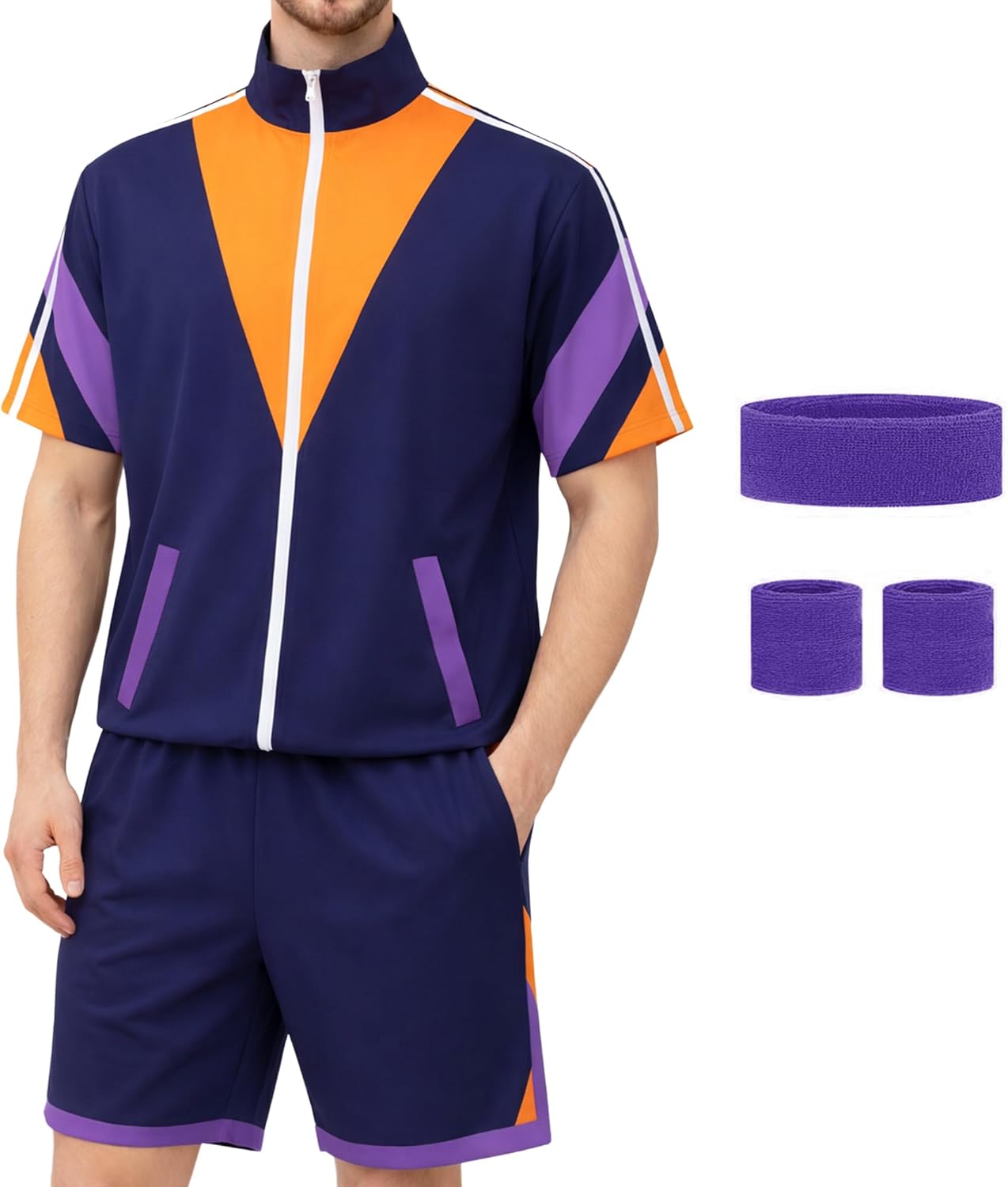 Men's 80s Outfit Short Sleeve 90s Retro Track Suit for Men Color Block Jacket Shorts Set Outfits Costumes for Party