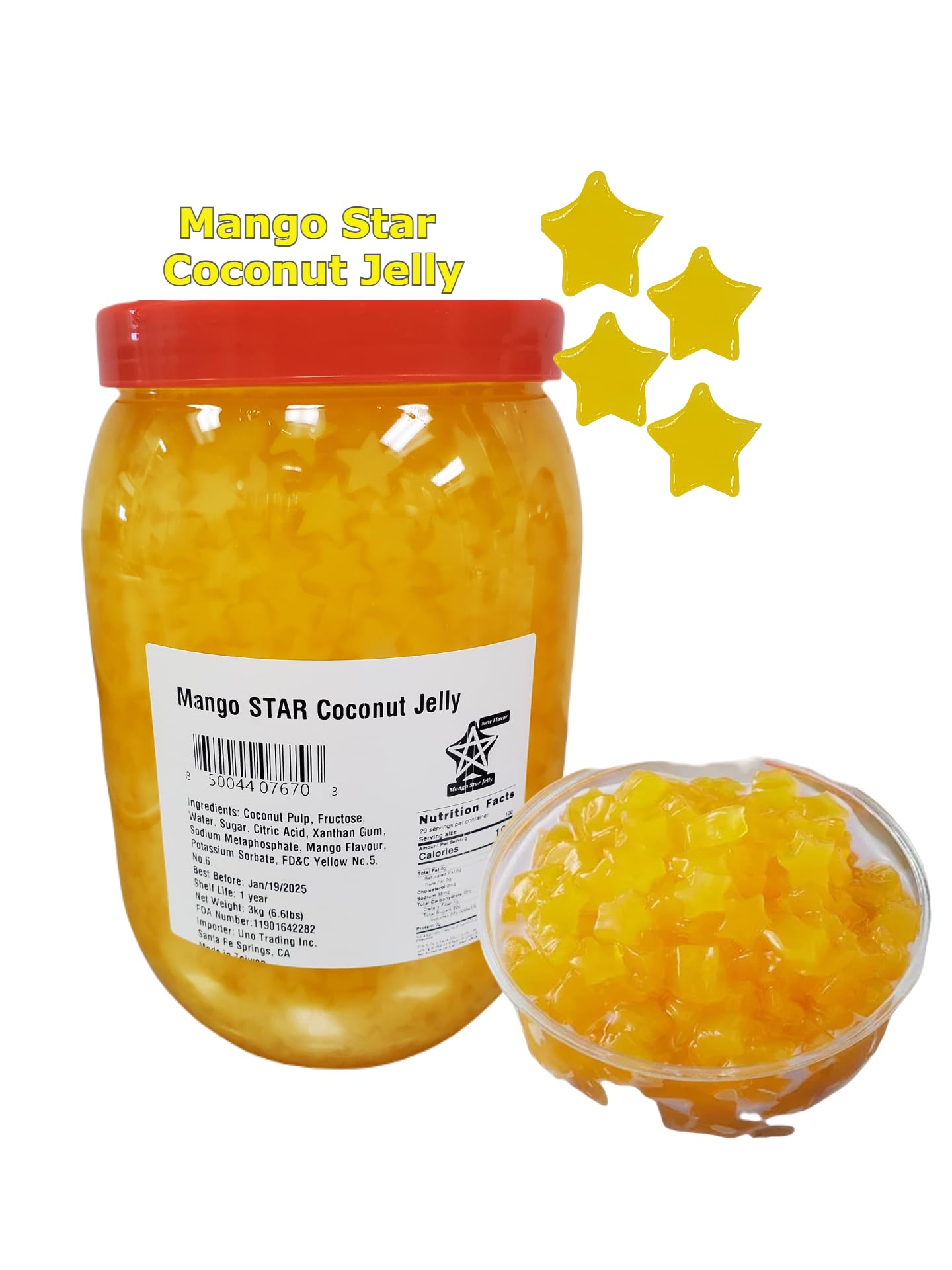 Darong Bubble Tea Toppings – Crystal Agar & Coconut Jelly Varieties, Ready to Serve, Vegan, Gluten-Free (1, 6.6 pounds mango star)