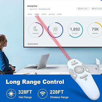 Qui Presentation Clicker Pointer, 328FT Wireless Presenter Remote PPT PowerPoint Clicker, 2.4GHz Presentation Pointer Slide Advancer for Mac, Laptop (Blue)