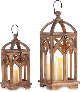 ROMADEDI Farmhouse Wooden Candle Lanterns Set of 2 - 12" & 16" Rustic Distressed Holders for Home Decor, Weddings, Centerpieces
