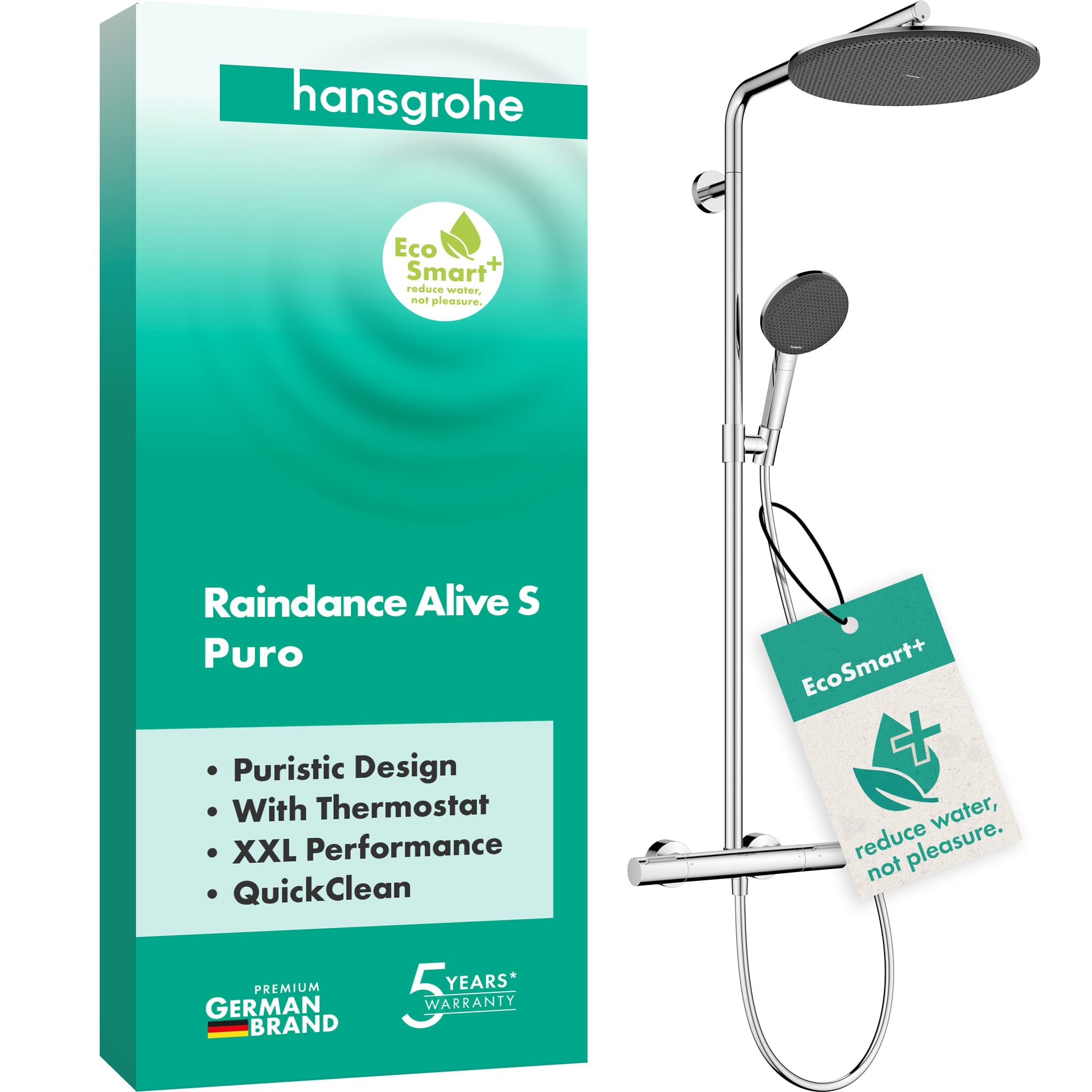 hansgrohe Raindance Alive S Puro - sistema de ducha max. 6 l/min (EcoSmart+) con termostato, ducha lluvia (300 mm) con grifo, ducha de mano, flexo, barra, ducha fija redonda, cromo, 24594000