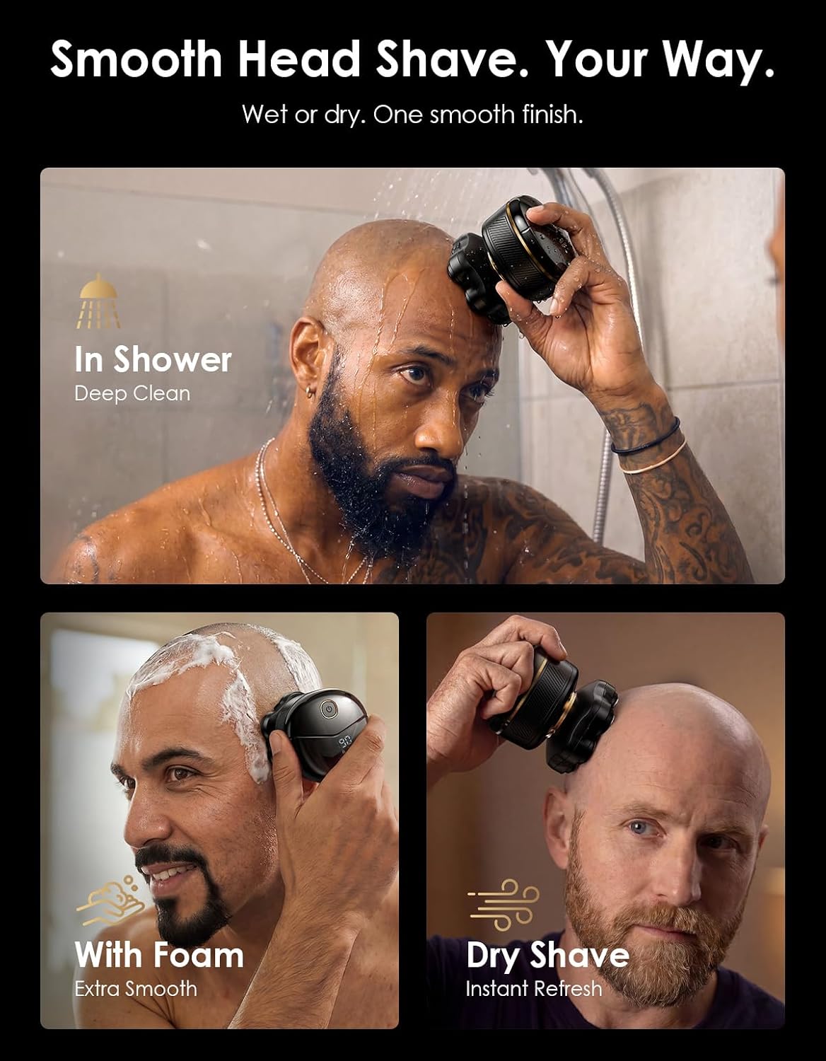 Head Shaver for Bald Men, 7D SYNC-Flex Floating Tech, Close Smooth Shave, IPX7 Waterproof, Wet/Dry, 110 Min Runtime, USB-C, Magnetic Detachable Design, Electric Bald Razor, Black & Gold thumbnail