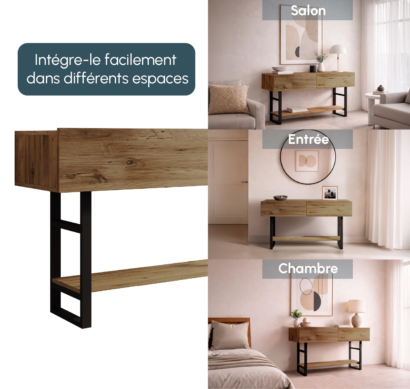 MB Muebles Bonitos, Meuble d’Entrée Factory R1 Design Industriel, Console pour Entrée, Structure en Acier Noir Mat, Mélamine Couleur Pin Atlantique, 139x75x43 cm