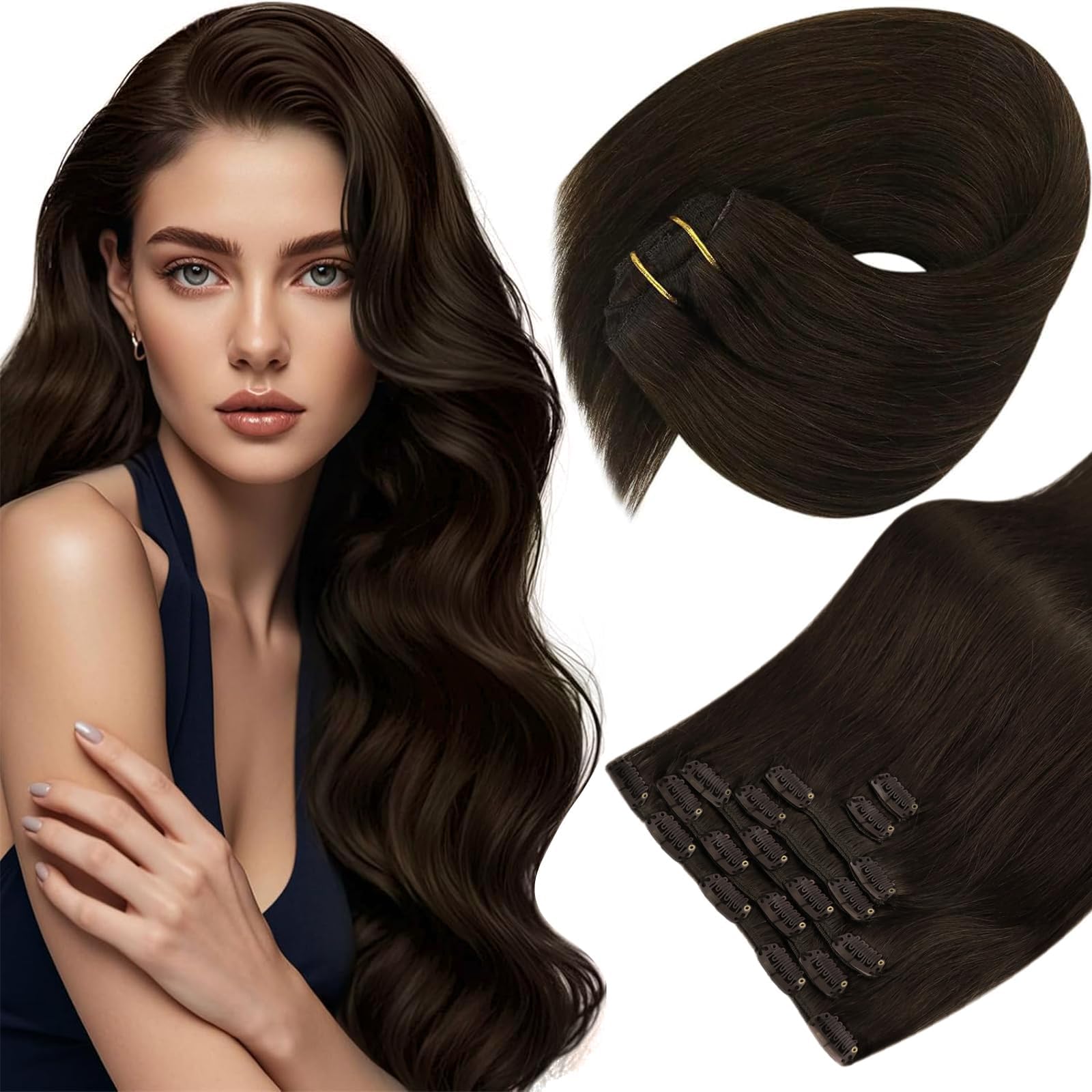 Sunny Hair Clip in Hair Extensions Real Human Hair Dark Brown 24 Inch 120g