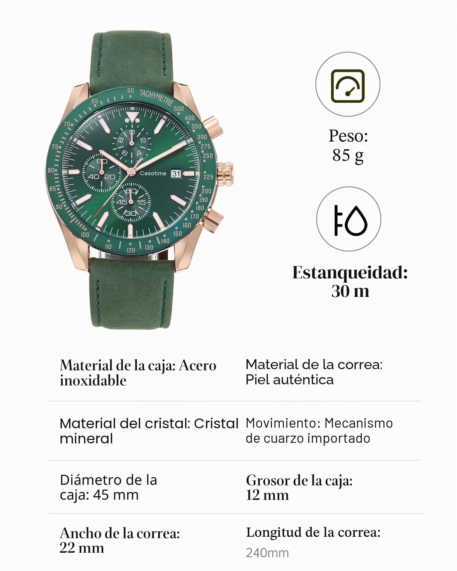 Casotime Reloj Cronógrafo Hombre de Cuero - Resistente al Agua 30M, Cuarzo Analógico con Fecha, Esfera Grande - Clásico y Elegante para Día a Día, Trabajo & Deporte - Regalo Elegante para Hombres