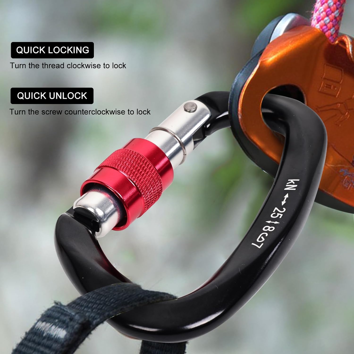Screw Lock Climbing Carabiner 25KN, Heavy Duty Manual Locking Carabiner 2 Pack with Ergonomic D-Shape, for Rock Climbing, Rescue, Hammock, Aerial Work, Camping - Image 8