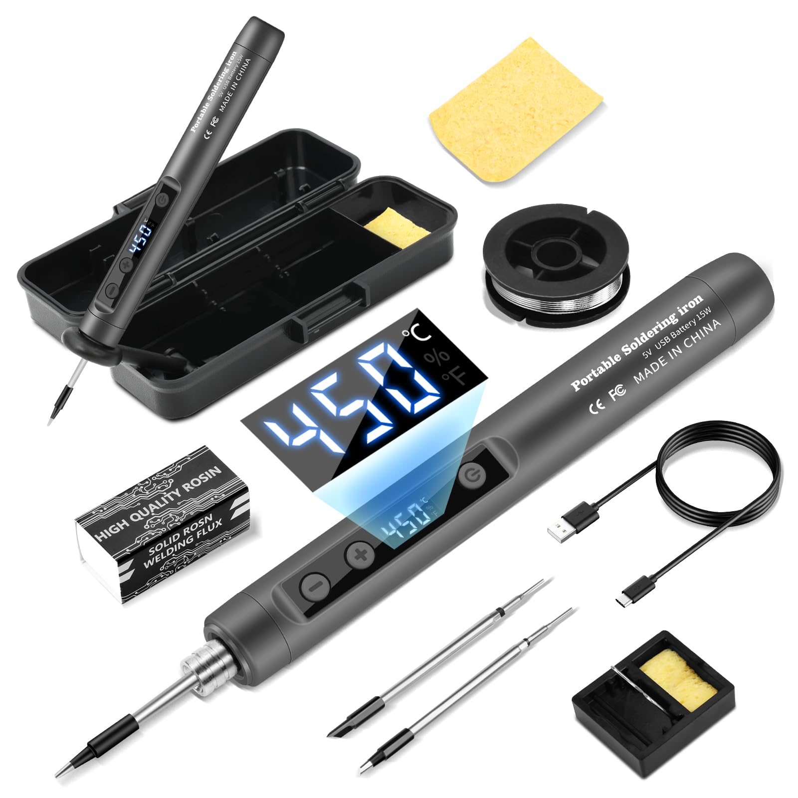 VOKTTA Rechargeable Soldering Iron Set with Stand, Portable Cordless Soldering Iron with LCD, Adjustable Temperature 180-450°C, 3 Soldering Tips, for Repairing Circuit Board, Welding Repair - Gray