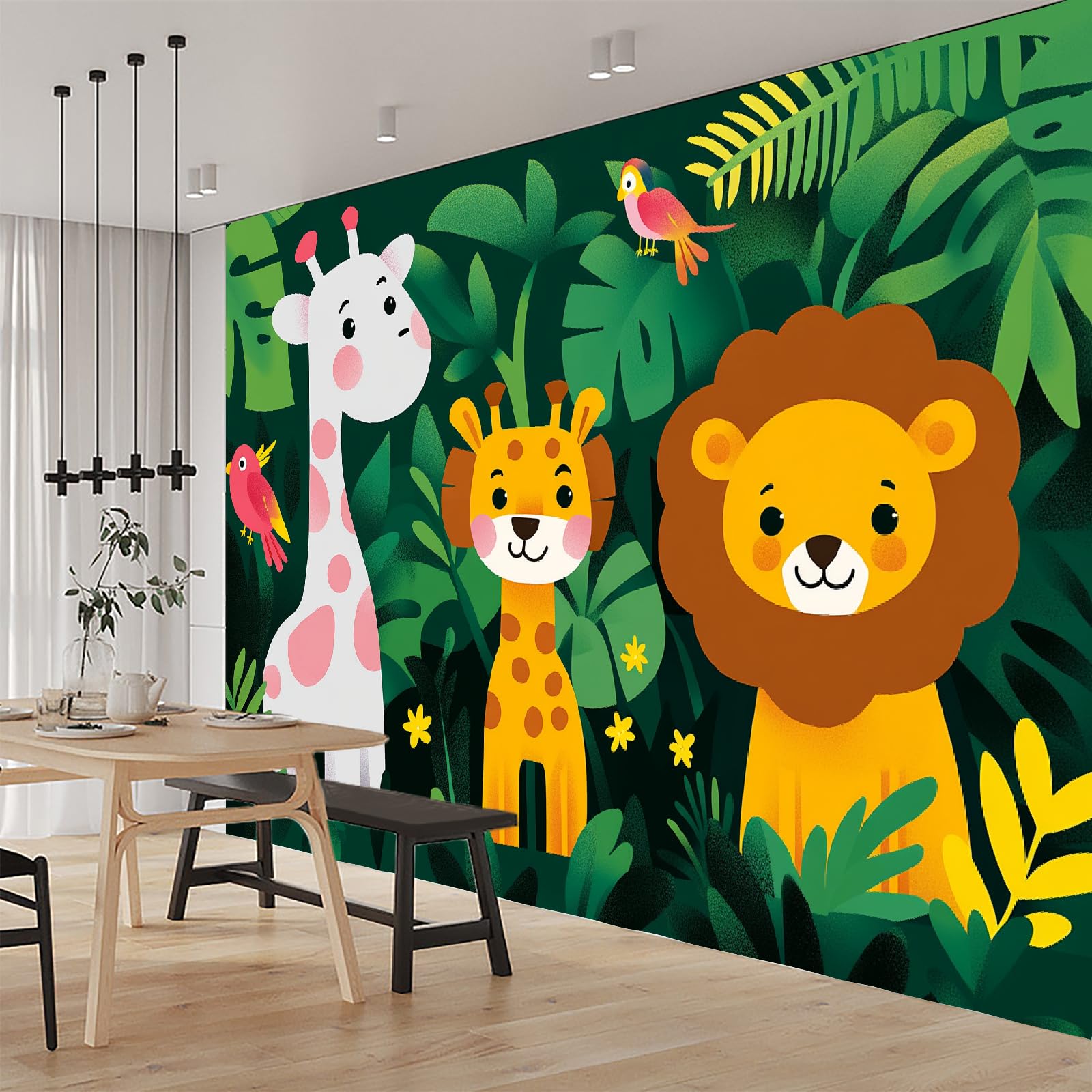 Mural de pared Jirafa León Papel pintado fotográfico grande Plantas De La Jungla Vinilos murales impermeables para dormitorio infantil guardería decoración de fiesta 200x140cm