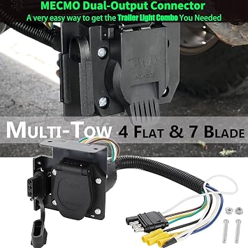 MECMO Multi-Tow 4-Way Flat to 7-Way RV Blade and 4-Way Flat Female End Trailer Wiring Adapter Connector Kit, 4 Pin Vehicle-Side Trailer Light Plug to Dual-output 7 Blade & 4 Flat with Mounting Bracket