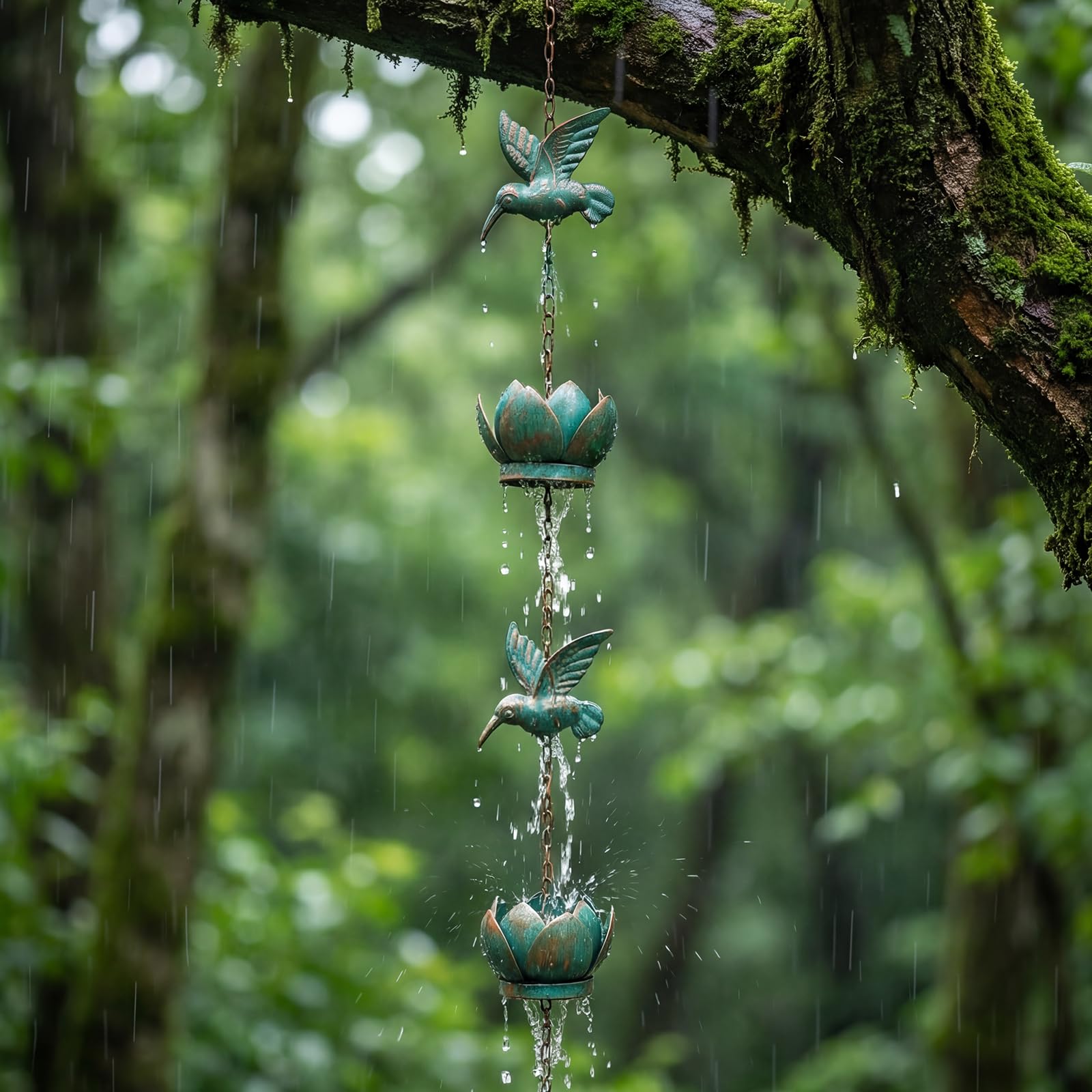 Yunyouc Antiqued Teal Hummingbird Flower Rain Chain For Gutters 2.5M Metal Rainwater Diverter With 6 Cups Decorative Garden Downspout Replacement For Outdoor Yard Patio Home Exterior 8.2Ft Adjustable Length(Antiqued Teal)