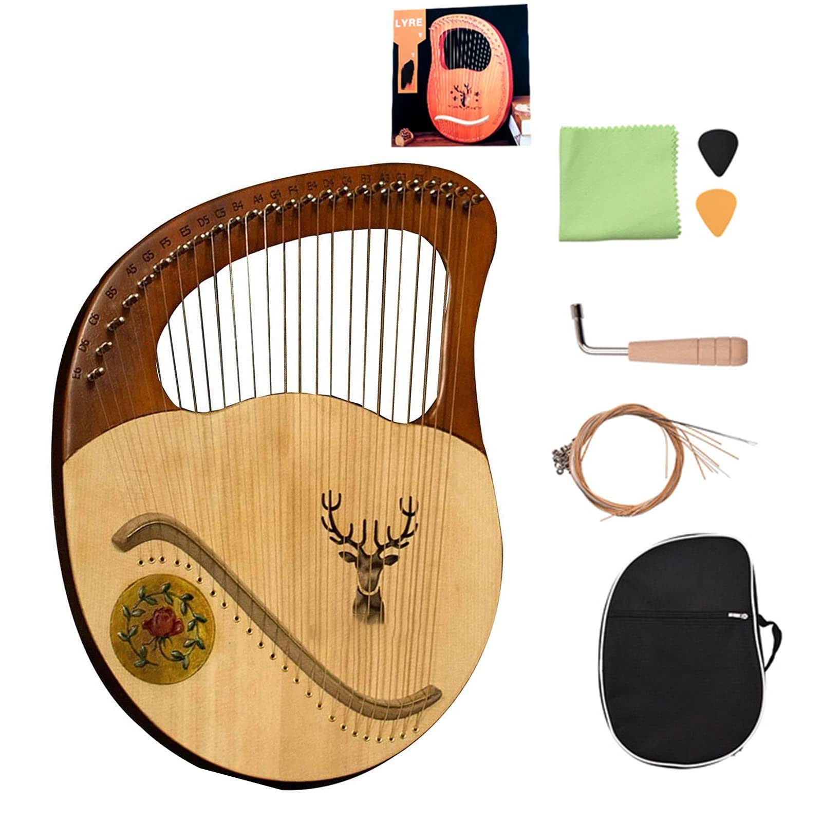 Hand Made Lap Harp, Music Harp 24 Strings Wooden Lyre Harp Instrument Rose Statue Greek Violin Accessories With Performance Package, Tuning Wrench,Easy To Learn For Beginner (Color : Brown)