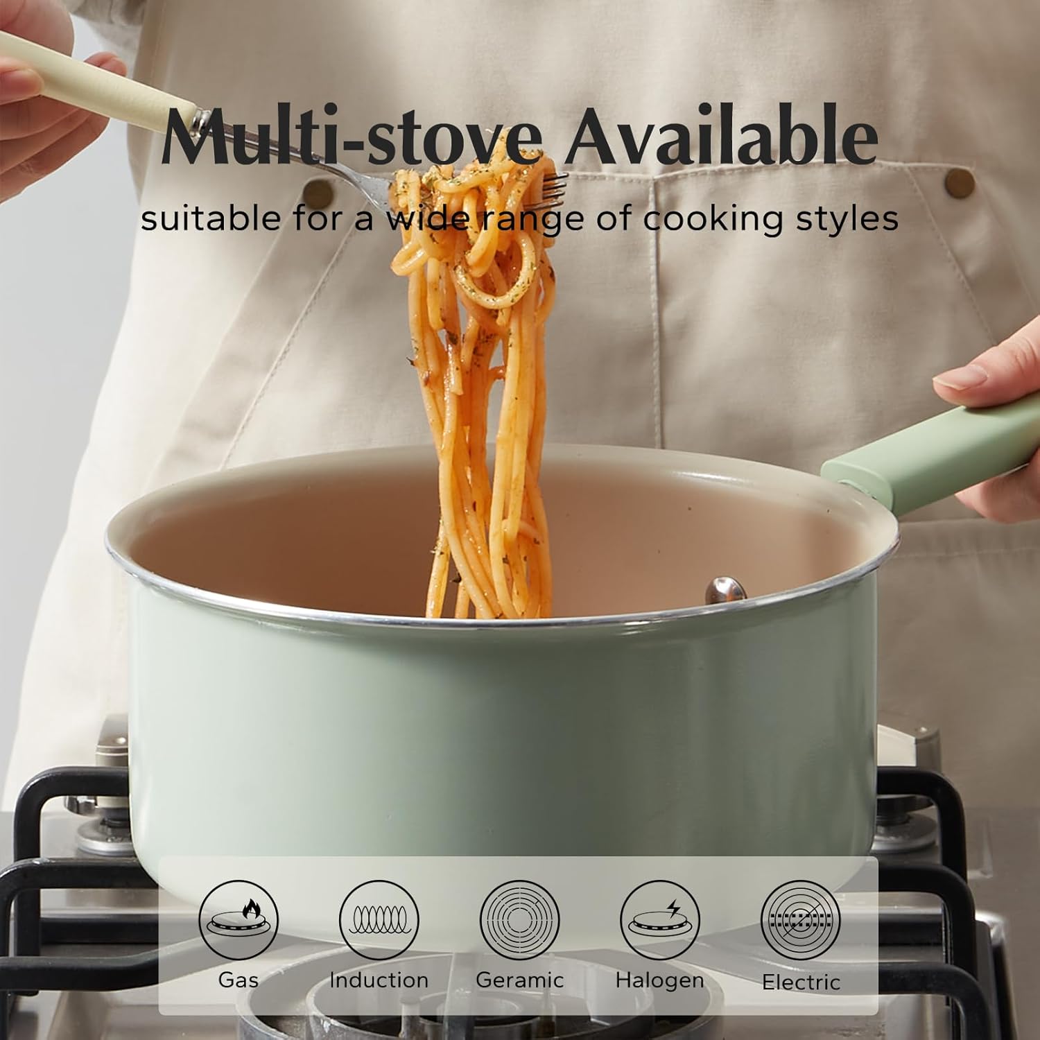 Redchef Ceramic Nonstick Saucepan with Lid, 3QT Small Cooking Pot,Non Toxic Sauce Pans for Kitchen, Cool Handle PFAS Free Compatible with All Cooktops, Green - Image 6