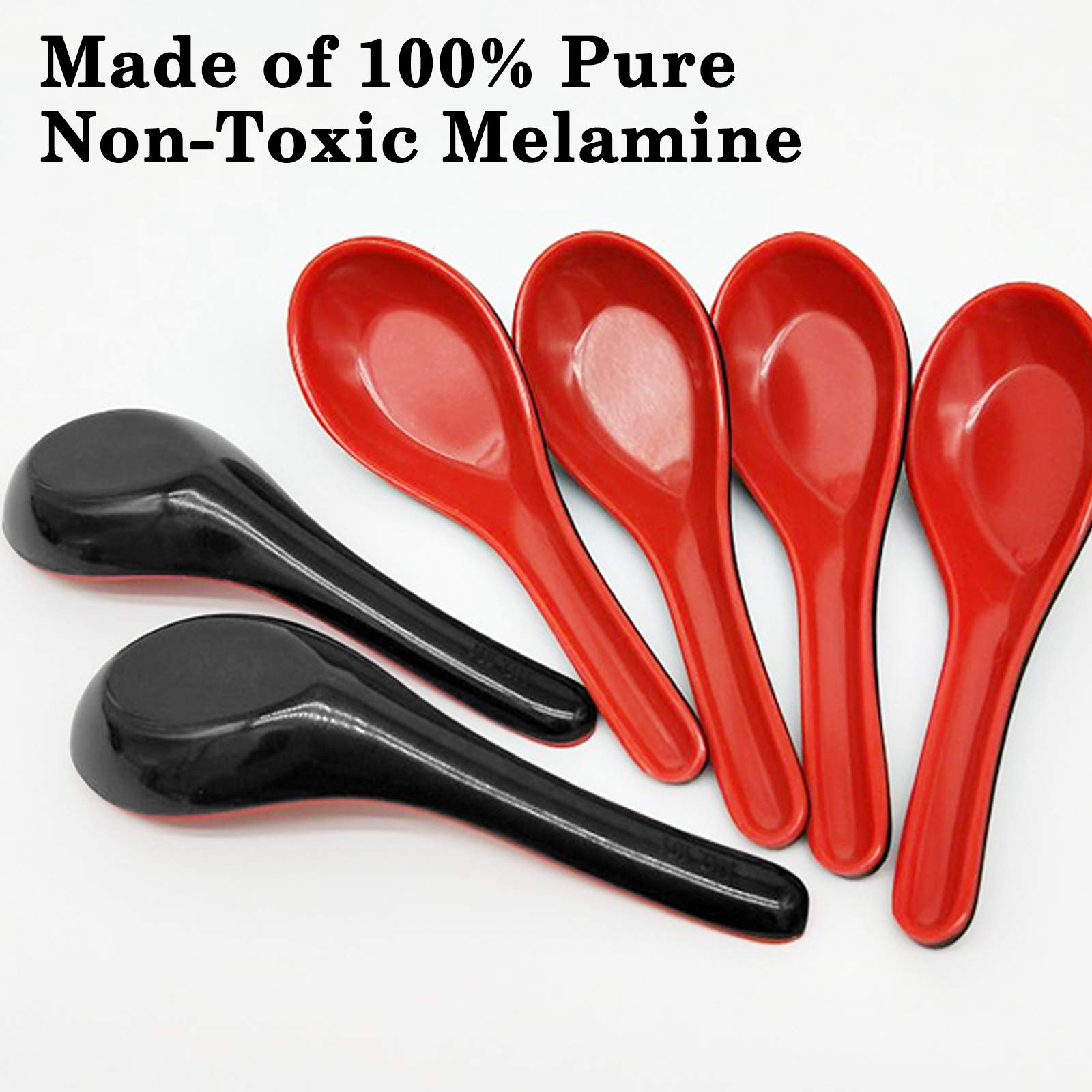 NUOMI Lot De 6 Cuillères à Soupe Chinoises Won Ton/cuillères à Riz, Style Asiatique Rouge Et Noir, Encoche Et Crochet, Lot De 6