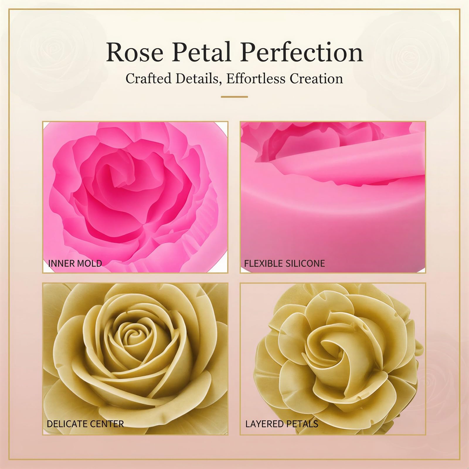 Lot de 6 moules en silicone fleurs, formes variées rose et pivoine, adapté au contact alimentaire, pour pâtisserie en fondant, résine, savon, bougies, plusieurs tailles