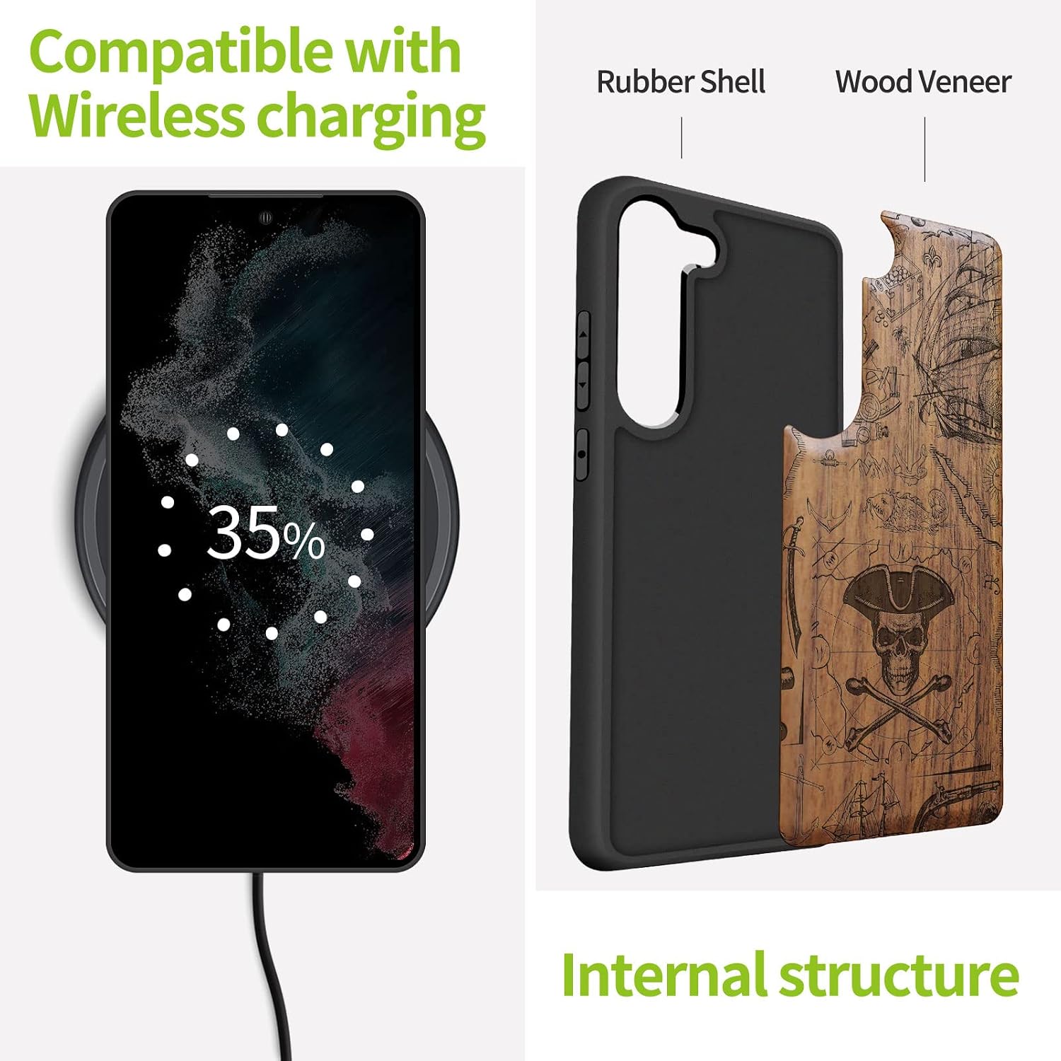 Carveit Wood Case for Galaxy S23 Case [Natural Wood & Black Soft TPU] Shockproof Protective Cover Unique & Classy Wooden Design Compatible with Samsung S23 (Pirate Flag-Walnut)