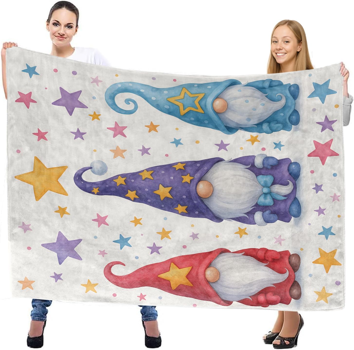 Cute Colorful Gnome with Star Throw Blanket, Lightweight Warm Watercolor Cartoon Style Flannel Blanket, Holiday Home Decor and Gifts, Soft Cozy Blankets for Women Kids, 50"x60" for Bed Couch Travel
