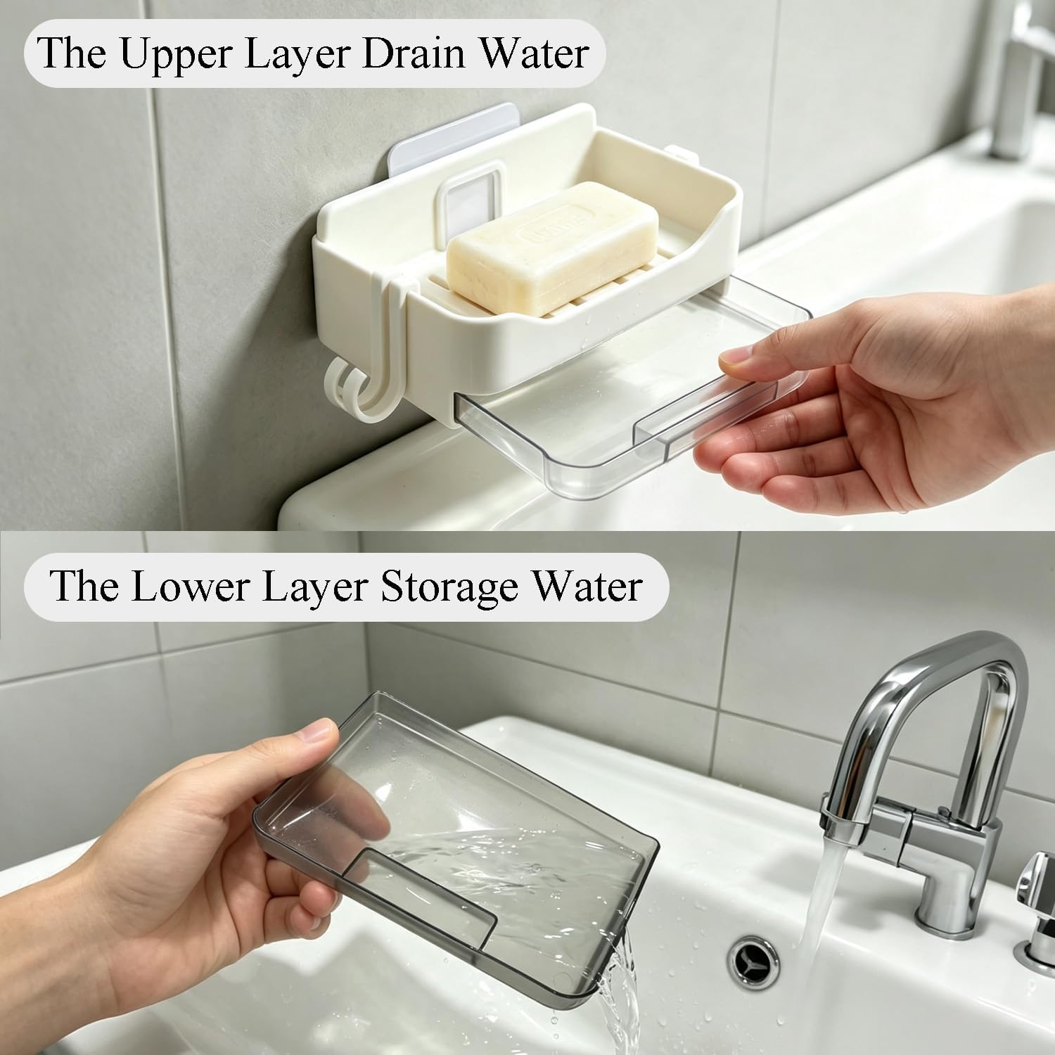 Shower Wall Soap Holder, Wall-Mounted Bathroom Soap Dish with 2 Hooks (Rust-Resistant, White)