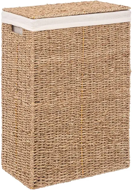 Cesta de Mimbre 40L con Tapa - Cesto para Ropa de Seagrass y Tela Blanca