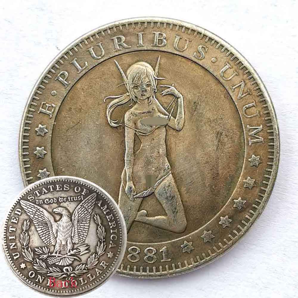 MarshLing 1881 Head Down Girl Old Coin -Handmade US Old Coins Collecting+KaiKBax Bag-Uncirculated Morgan Dollars Coin for Dad/Boyfriends/Husband Gift Forever