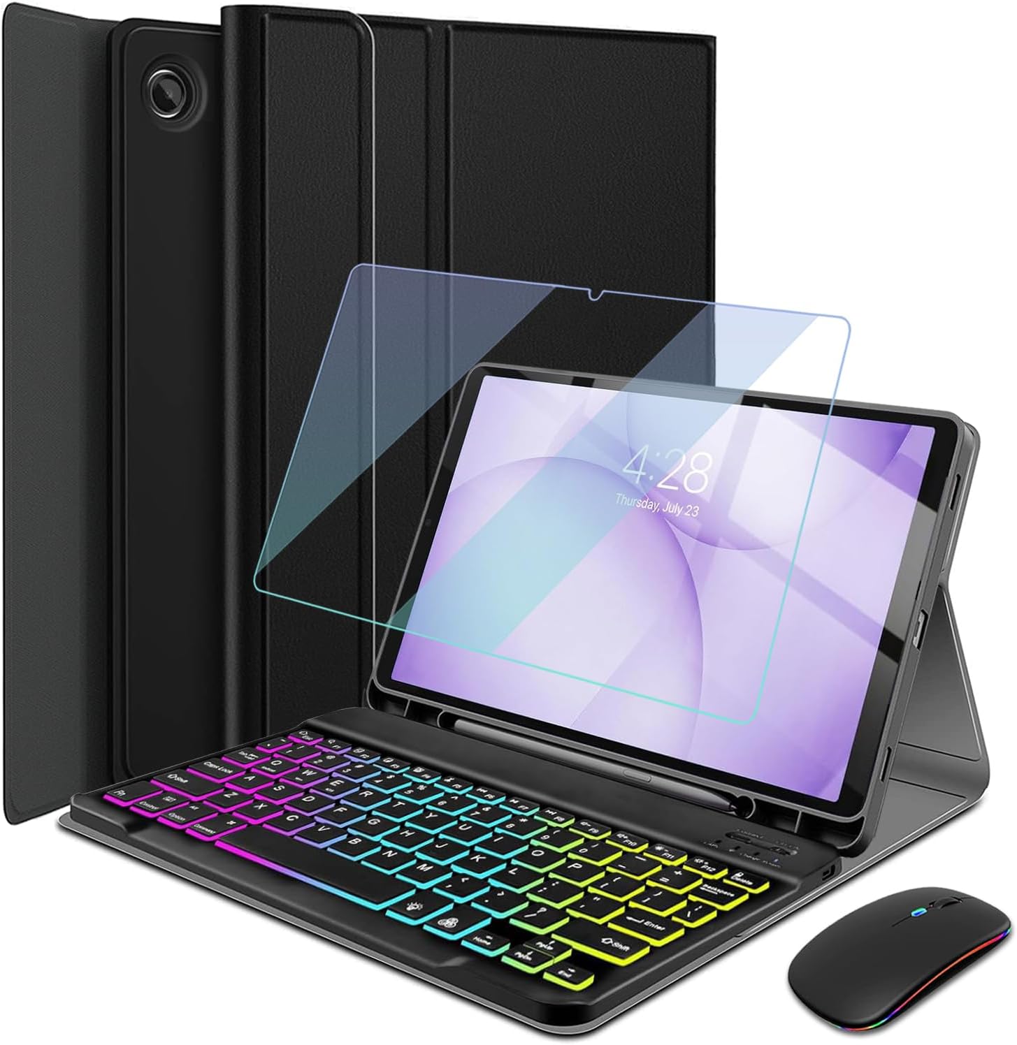 Backlit Keyboard Case for Samsung Galaxy Tab A11 Plus/ A9 Plus 11inch with Screen Protector & Mouse, Rainbow Backlight Detachable Wireless Keyboard with PU Leather Folio Case for Tab A11+ Plus