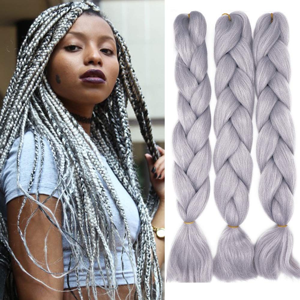 Pelo Sintetico Para Trenzas Extensiones Para Trenzas Africanas 60cm 3 Piezas/lote de 100 g/Pieza Jumbo trenzado de fibra, Gris claro