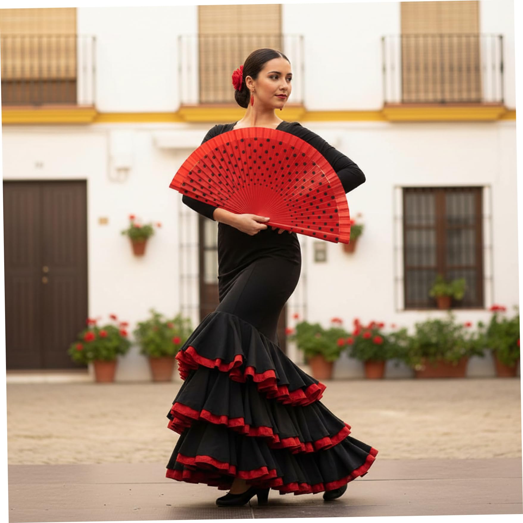 Abanico español pintado a mano lunares rojos algodón mango madera plegable flamenco