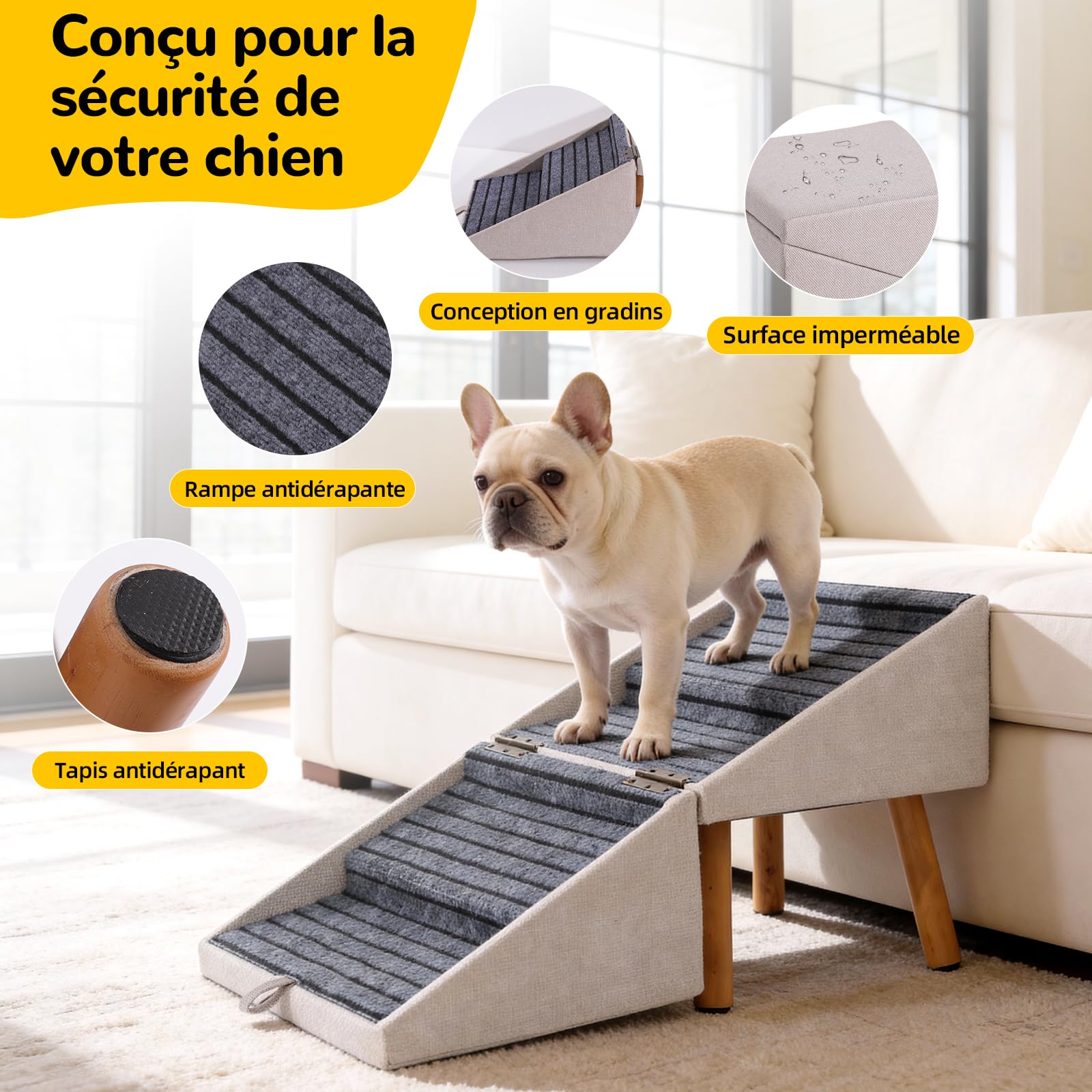 Escalier pour Chiens et Chats 2 en 1, 4 Marches Rampe et Marches pour Canapé Lit, Pente Douce Protège Articulations, Antidérapant(Abricot - 43,5 cm Haut)