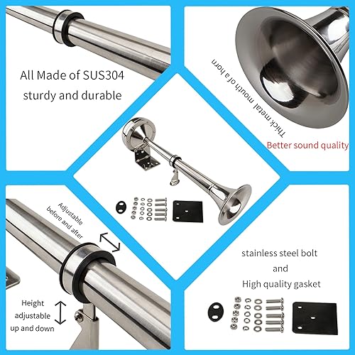 Miniatura 26 de Bocina de barco marino de 12 V, impermeable, de acero inoxidable, bocina de trompeta doble para barcos, barco, velero, yate, vehículo todoterreno