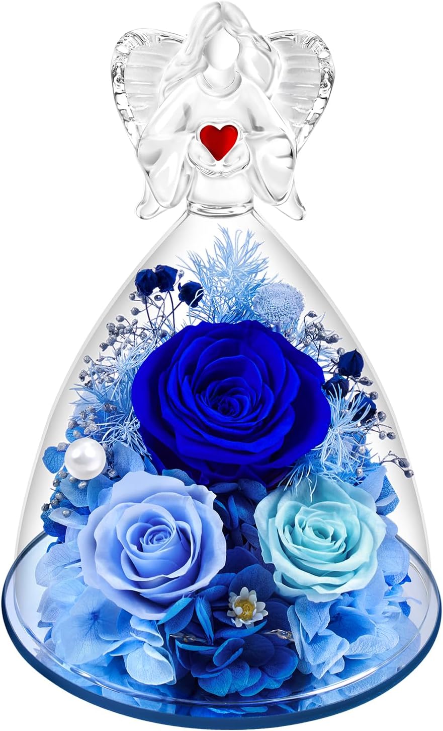 Preserved Flowers in Glass Angel Figurine with LED Light,Forever Real Roses Prime Eternal Flower Birthday Glitter Decorations for Her Women Mom Grandma Sister (Blue)
