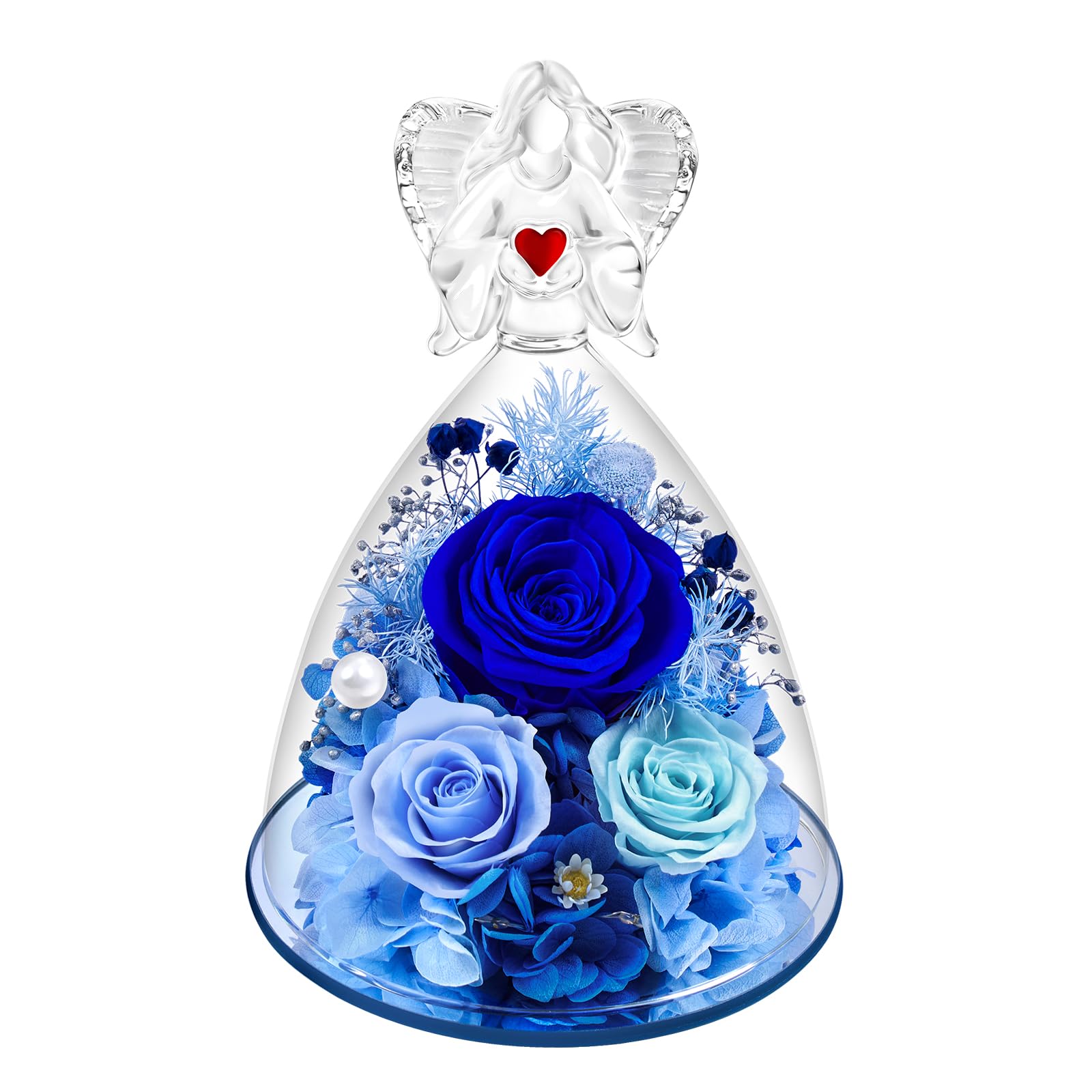 Preserved Flowers in Glass Angel Figurine with LED Light,Forever Real Roses Prime Eternal Flower Birthday Glitter Decorations for Her Women Mom Grandma Sister (Blue)