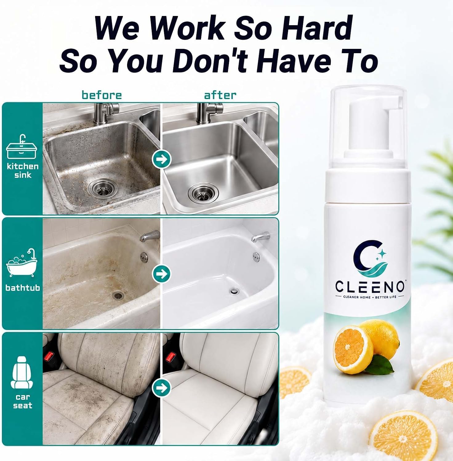 CLEENO Multi-Surface Foaming Cleaner 5.3Oz All-Purpose Deep Cleaning Spray for Car Interior Kitchen Bathroom Leather Metal Glass 2Pack