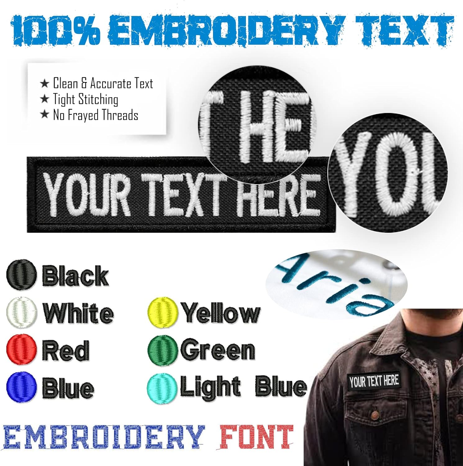 Custom Name Patches Personalized Embroidered Text Patches Iron on Sew on Hook & Loop Embroidery Fasten Uniform, Work Shirt, Hat Bags Backpacks-Embroidered 4"x2.6"-50PCS