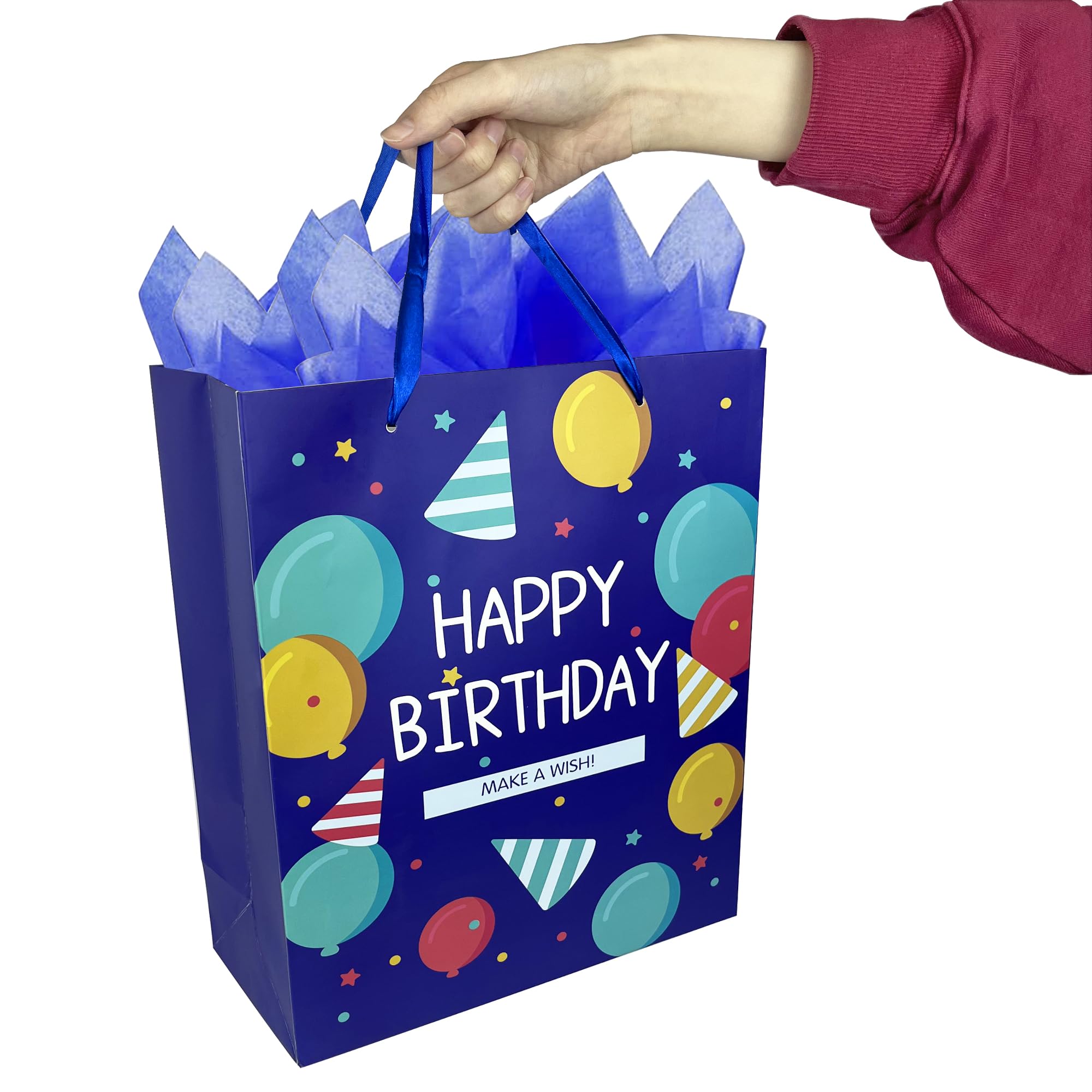 MUMULULU Paquete de 10 bolsas de regalo de cumpleaños con asa de cinta y papel de seda, varios tamaños y diseños, bolsa de regalo de cumpleaños de 3 tamaños para envolver regalos de cumpleaños