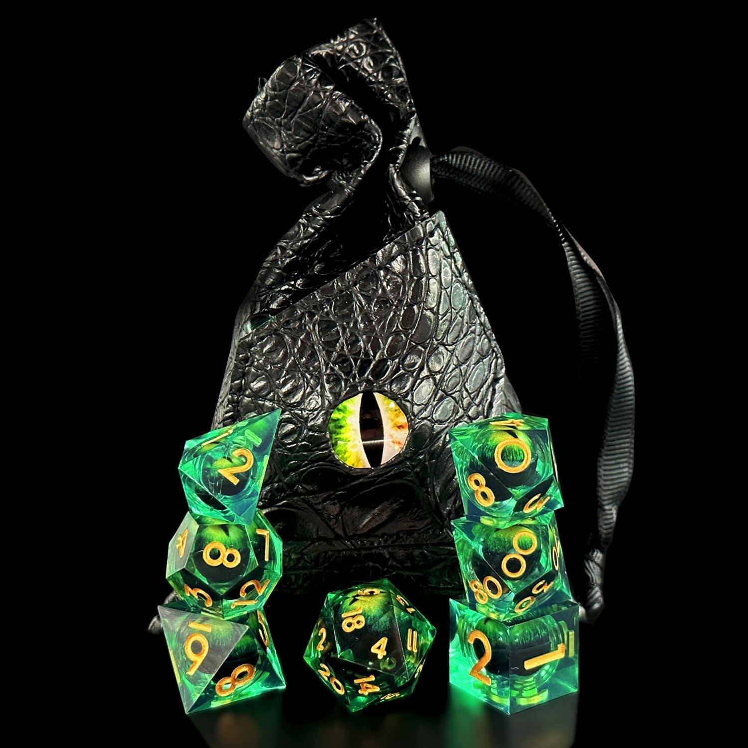 HAOMEJA DND Resin Dice Beholder's Dragon Eye Liquid Core Dice Set with Gift Eye Bag, Sharp Edges Dice Set 7 PCS Apply to Dungeons and Dragons Dice D20 D12 D10 D100 D8 D6 D4 (Eye Green)