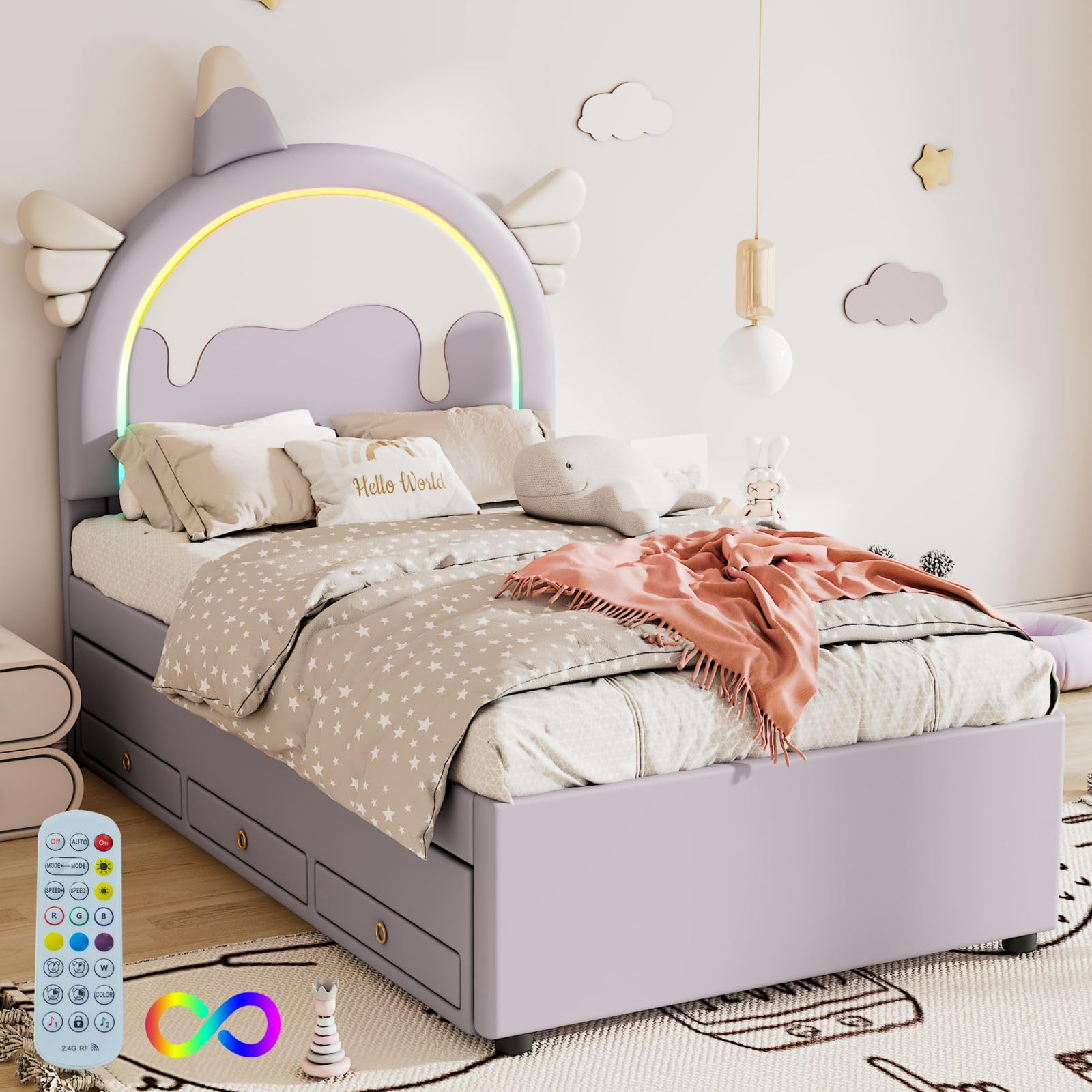 Letto per bambini 90 x 200 cm, cassetti e luci LED colorate, letto a cassetti, multifunzionale