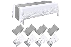 8 Pack White and Silver Disposable Plastic Tablecloths and Satin Table Runner Set