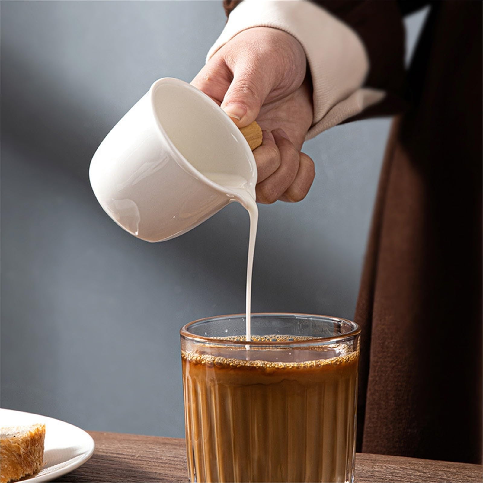 Jarra de leche cerámica, taza medidora café expreso for el hogar, tazas sencillas, mango madera, 2 uds Para Espumar