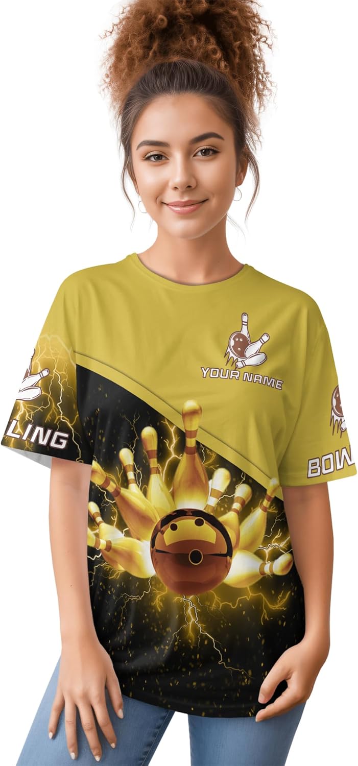 Mens Bowling Tshirt Personalized Yellow Lighting Bowling Pin T Shirt Printed Bowling Related Clothes