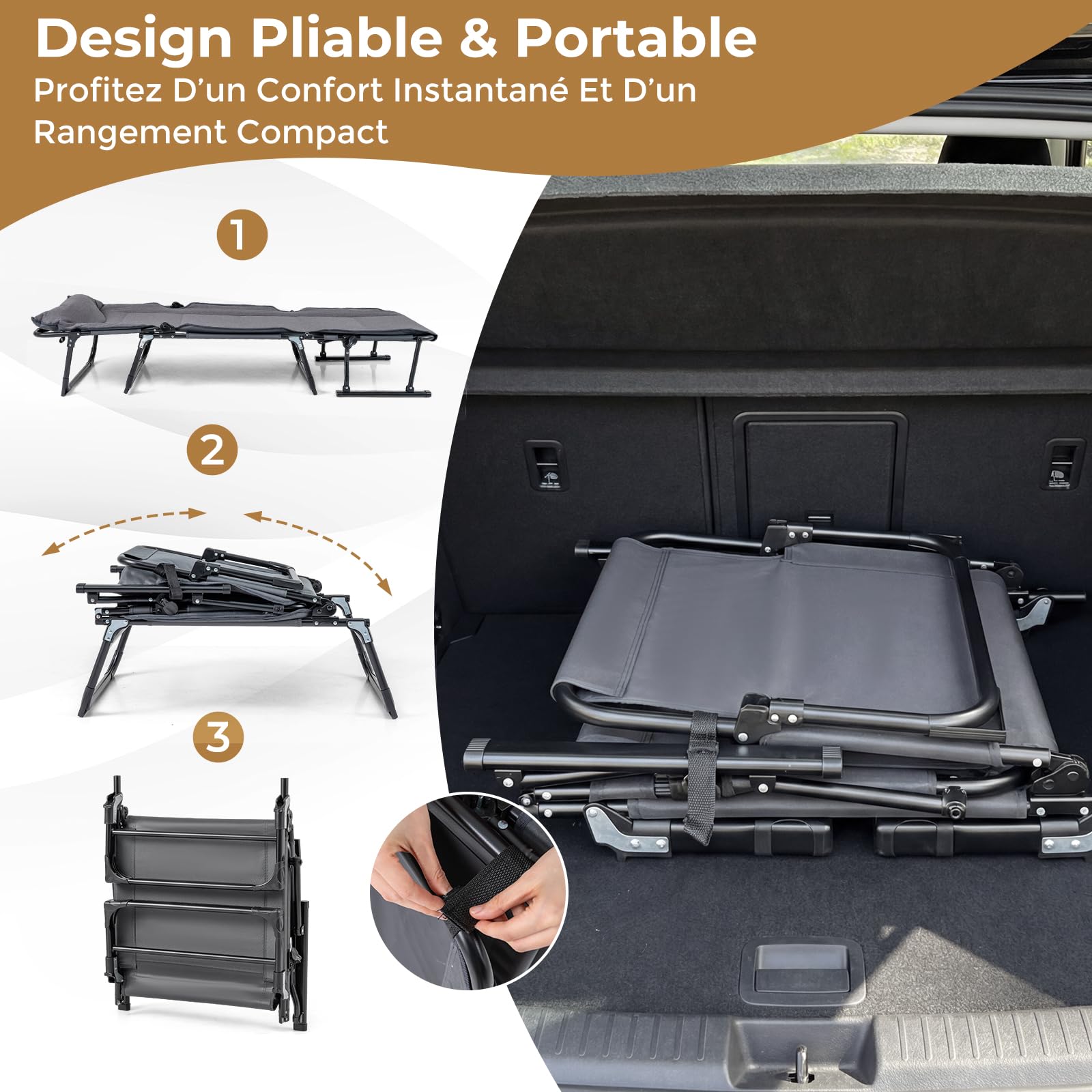 COSTWAY Lit de Camp Pliable 1 Personne, Fauteuil Convertible, Dossier Réglable à 6 Positions, Coussin Intégré, Cadre en Métal, Lit Pliante pour Camping Cour Bureau, Charge 200 kg