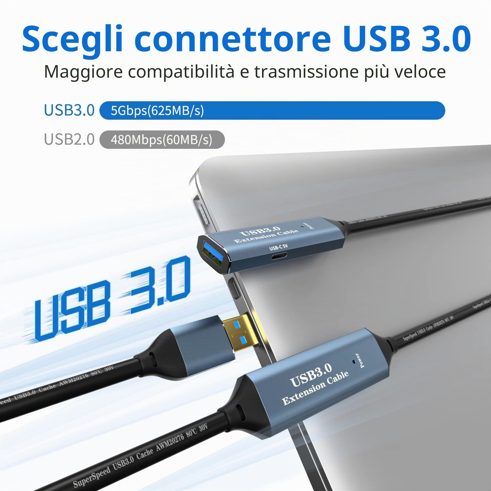 Cavo di prolunga USB 3.0 15 m, tipo A maschio a femmina, attivo con 2 chipset, amplificatore di segnale e 1 porta di ricarica USB-C, per webcam, stampante, fotocamera